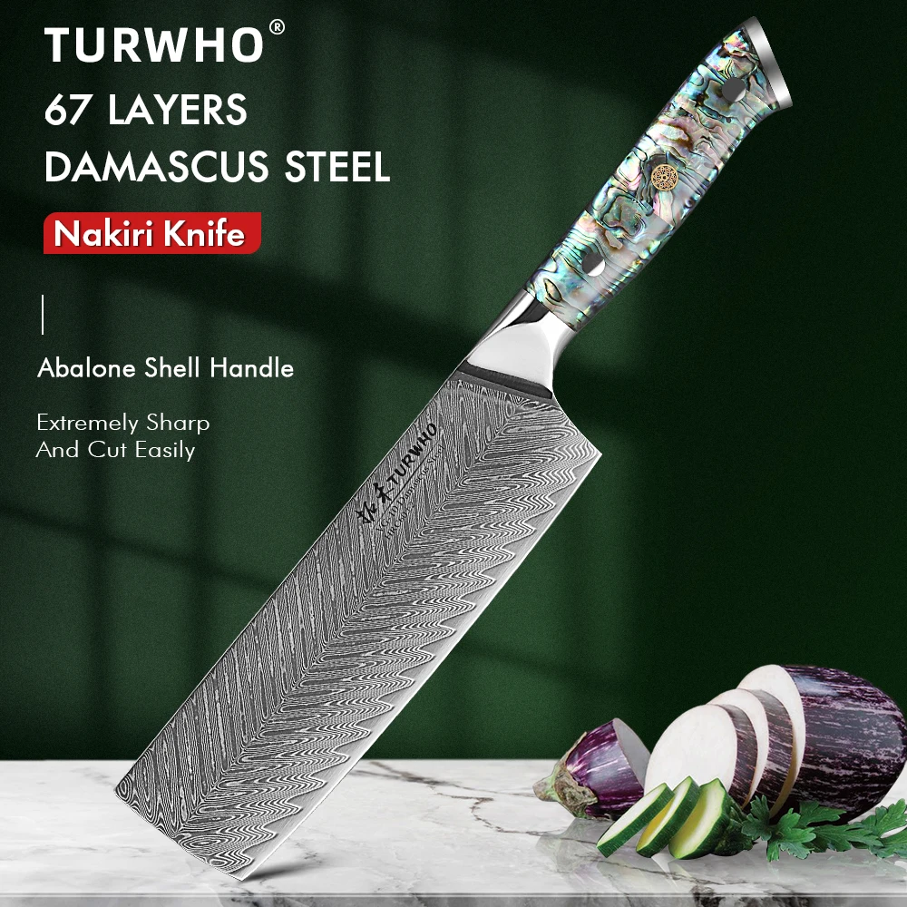 

TURWHO 7-inch Japanese Nakiri Knife Damascus Professional Kitchen Knife Cleaver Vegetable Knives Meat Fish Utility Cooking Tools