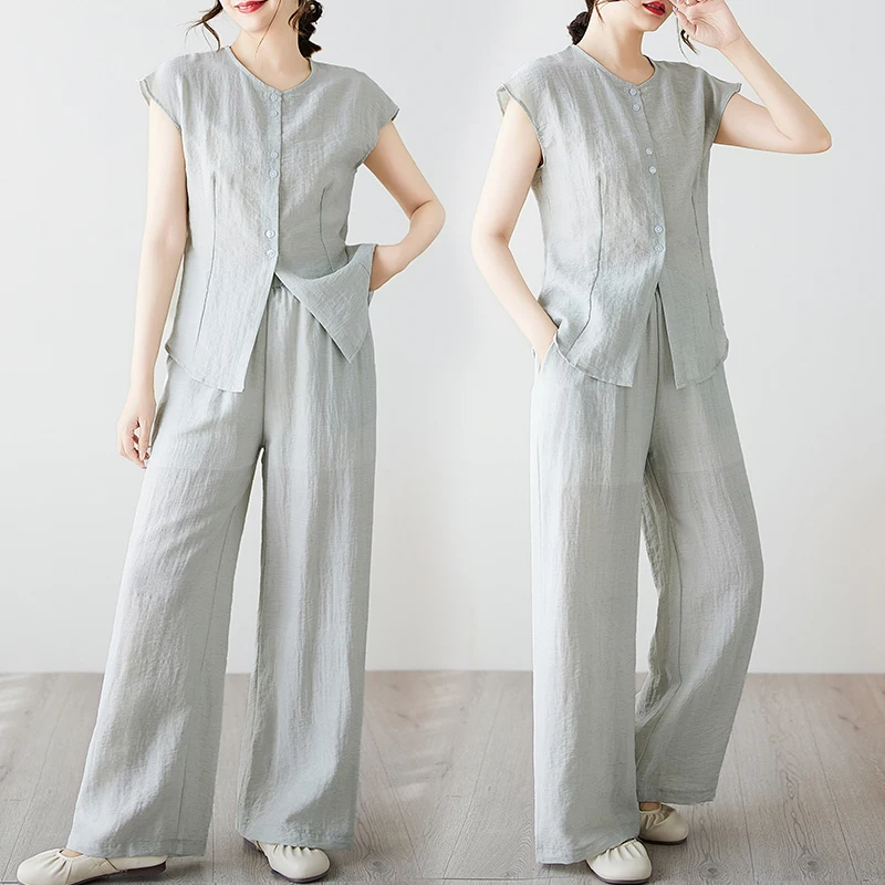 

Summer 2025 Women's Fashionable Sleeveless Shirt Top Set Casual Loose Long Pants Two-Piece Cotton V-Neck Button-Up Outfit