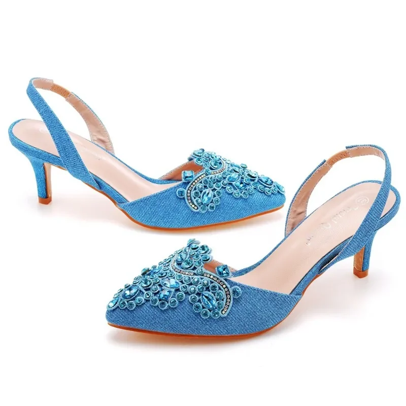 Women Sandals Fashion Sandalias Rhinestone Cotton Fabric 6CM Thin Heels Slip On Banquet Women\'s Shoes Casual Dark Blue