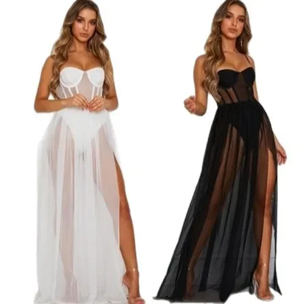 White Strapless Corset Style Top And Sheer Mesh Long Skirt Set With High Slit Elegant Party Clubwear For Women