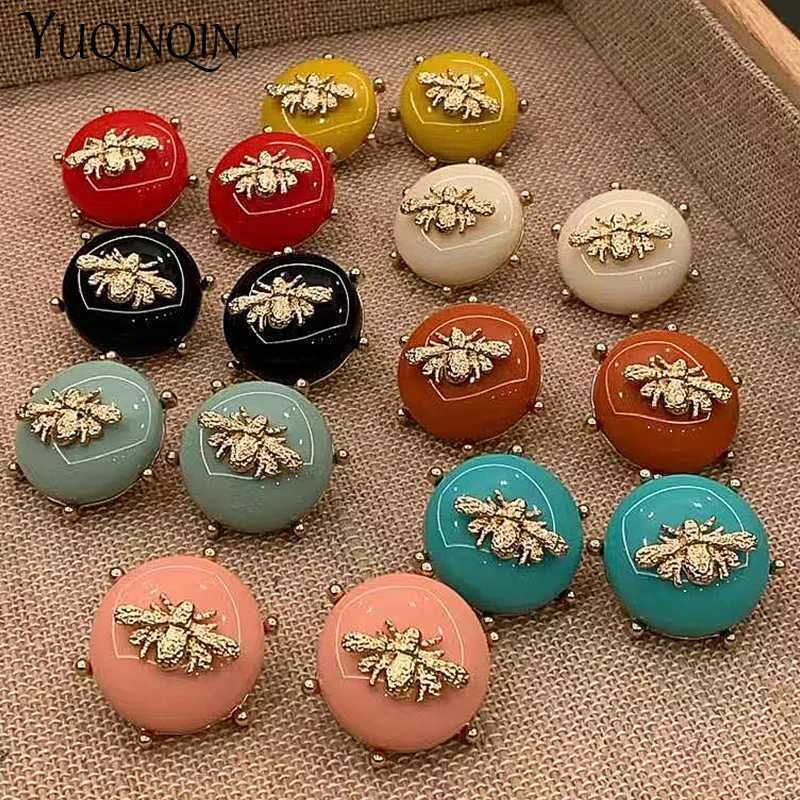 Fashion Colourful Bee Big Stud Earrings For Women 2024 New Jewelry Statement Resin Geometric Round Cute Earrings Korean Brincos