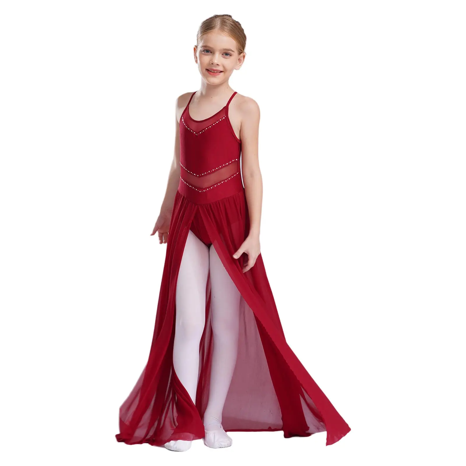 

Kids Girls Modern Lyrical Dance Dress Crisscross Strappy Back Spaghetti Straps Split Flowy Mesh Overlay Leotard Dress Dancewear