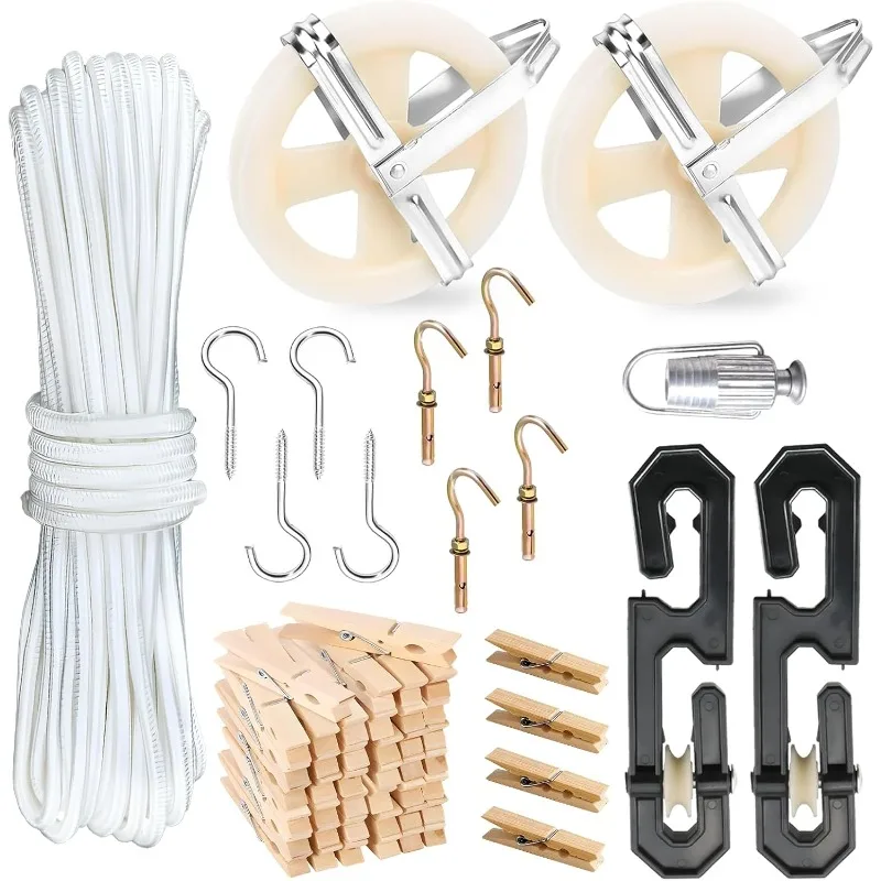 

Clothes Line Outdoors, Clothes Line Pulley Kit Include 164ft Polyester Ropes, Clothesline S-Separators, Clothesline Tightener an