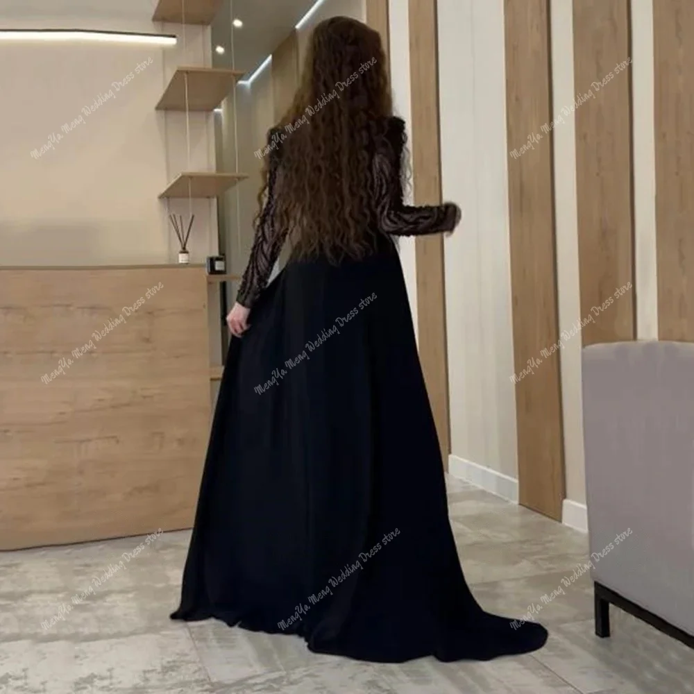 Luxo quadrado pescoço preto renda vestido de noite mangas compridas vestido de festa com zíper voltar destacável uma linha trem vestido de baile personalizado