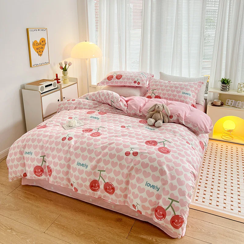 Cute Cherry Duvet Cover Set Sweet Love Hearts Kawaii Bedding Set 100% Cotton Fruit Comforter Cover with Zipper for Girls Women