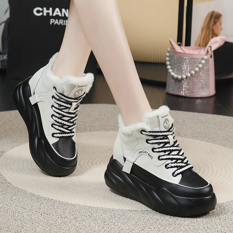 New Versatile Shoes for Women Plush Inner Height Increase Winter Warm Cotton Shoes Casual Leather High Top Thick Sole Snow Boots