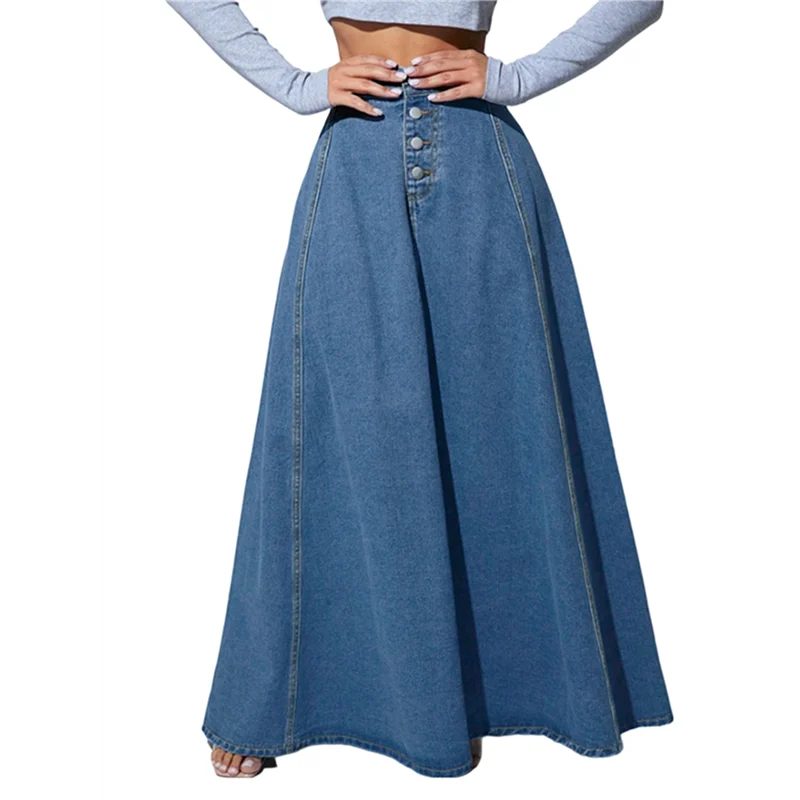 

ABZL Women's Retro High Waisted Button Fly Flared Long Pleated Flowy Swing A-Line Denim Maxi Skirts