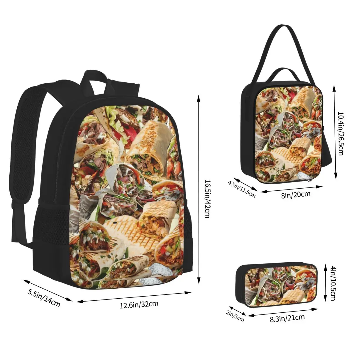Kebab Fresh Ingredients Backpacks Boys Girls Bookbag School Bags Kids Rucksack Lunch Bag Pen Bag Three-Piece Set