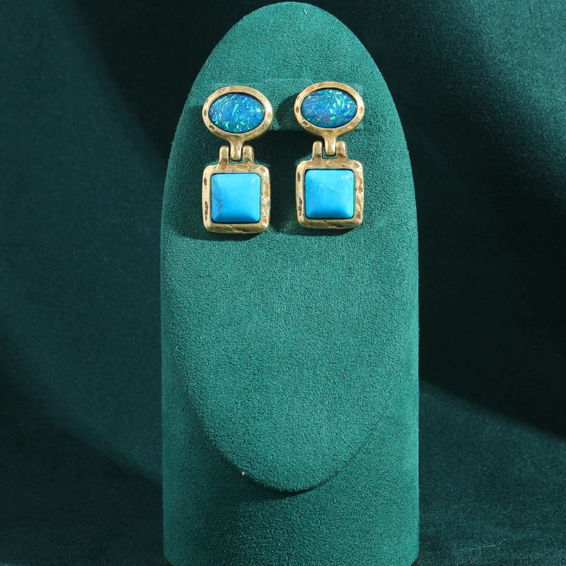 

﻿ Vintage Opal Natural Stone Drop Earrings Blue Square Turquoise For Women Bohemia Antique Gold Color Luxury Quality Jewelry