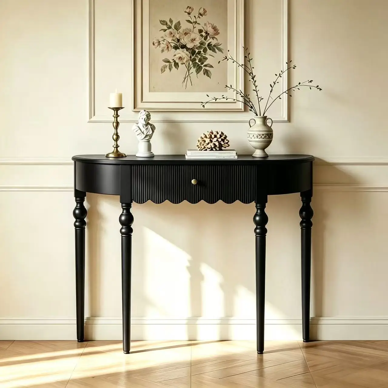French-style black entryway table, a luxurious semi-circular console table, a narrow solid wood decorative cabinet for placement