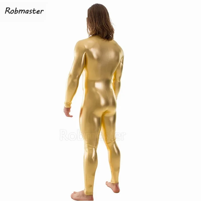 Men latex suit gold silver black shiny metallic tights headless Zentai suit long sleeve front zip unitard custom skin bodysuit