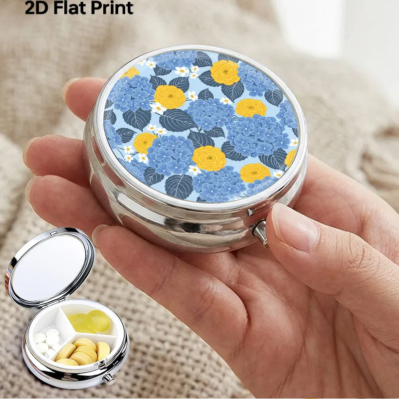 Portable Mini Metal Pill Box 3 Compartments Travel Pill Case Small Medicine Organizer Fits in Wallet Blue Hydrangea Yellow Rose Floral Retro Pattern Vitamin Storage Container Decorative Daily Supplement Box Creative Gift for Women