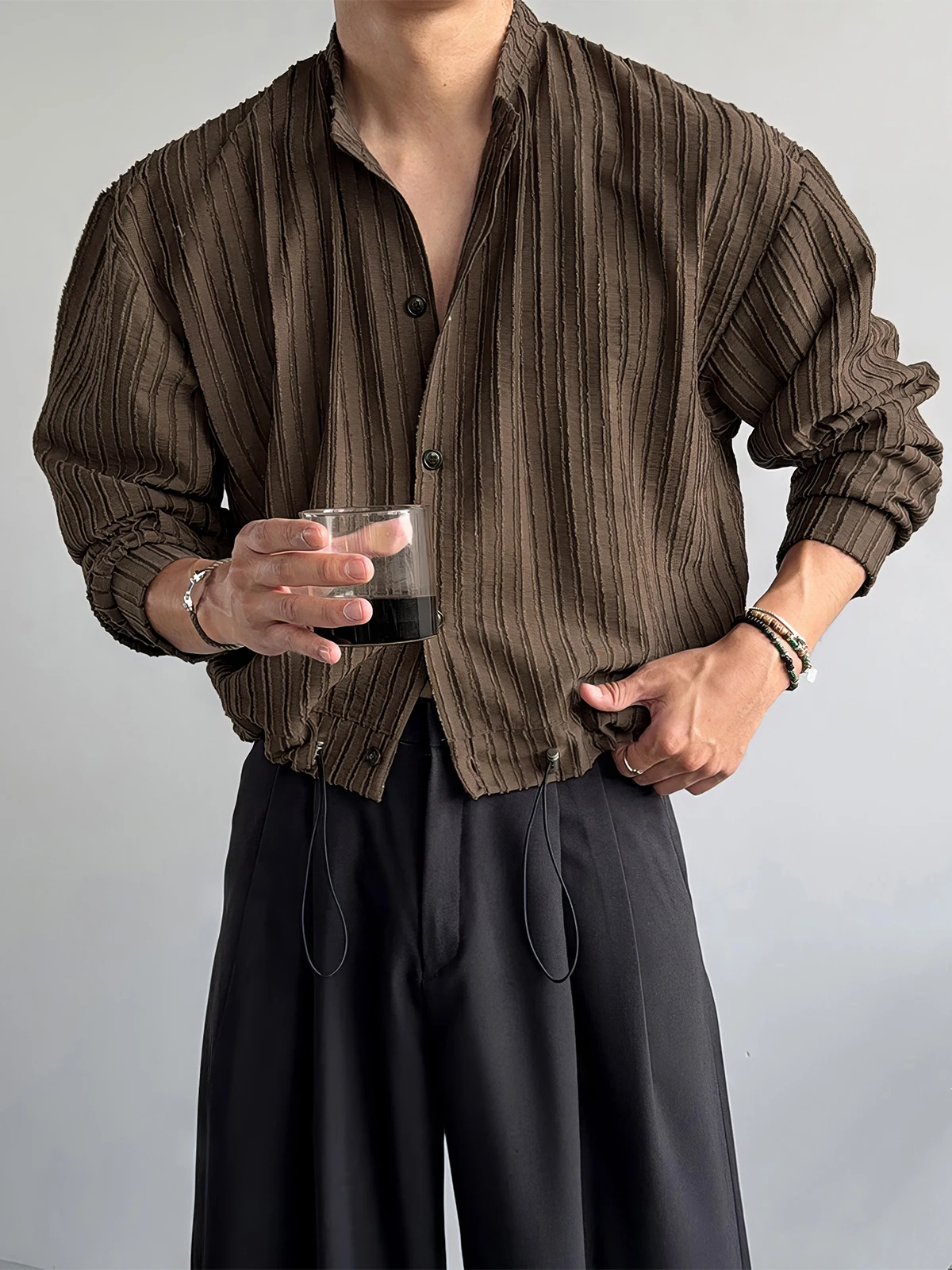 Brown Vertical Striped Long Sleeve Men's Shirt Spring Autumn Drawstring Short Style Korean Texture Casual Retro Top