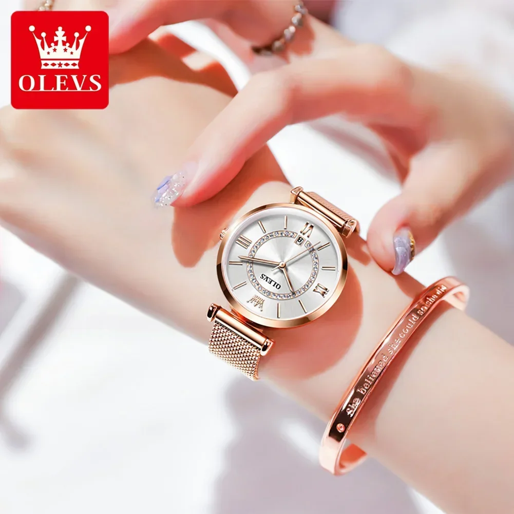 OLEVS 6892 Quartz Stainless Steel Strap Watches for Women Waterproof Fashion High Quality Women Wristwatches Calendar