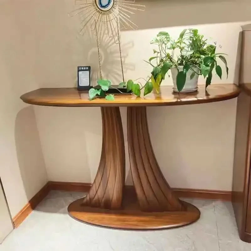 

New Chinese-style walnut strip table modern simple entrance foyer wall end view table solid wood arc