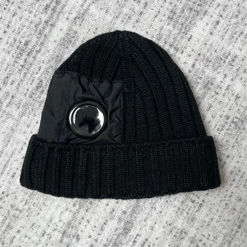 For DD Streetwear Black Knit Beanie Hat - Nylon Patch with Round Decorative Button Winter Warm Skull Cap for Men Women