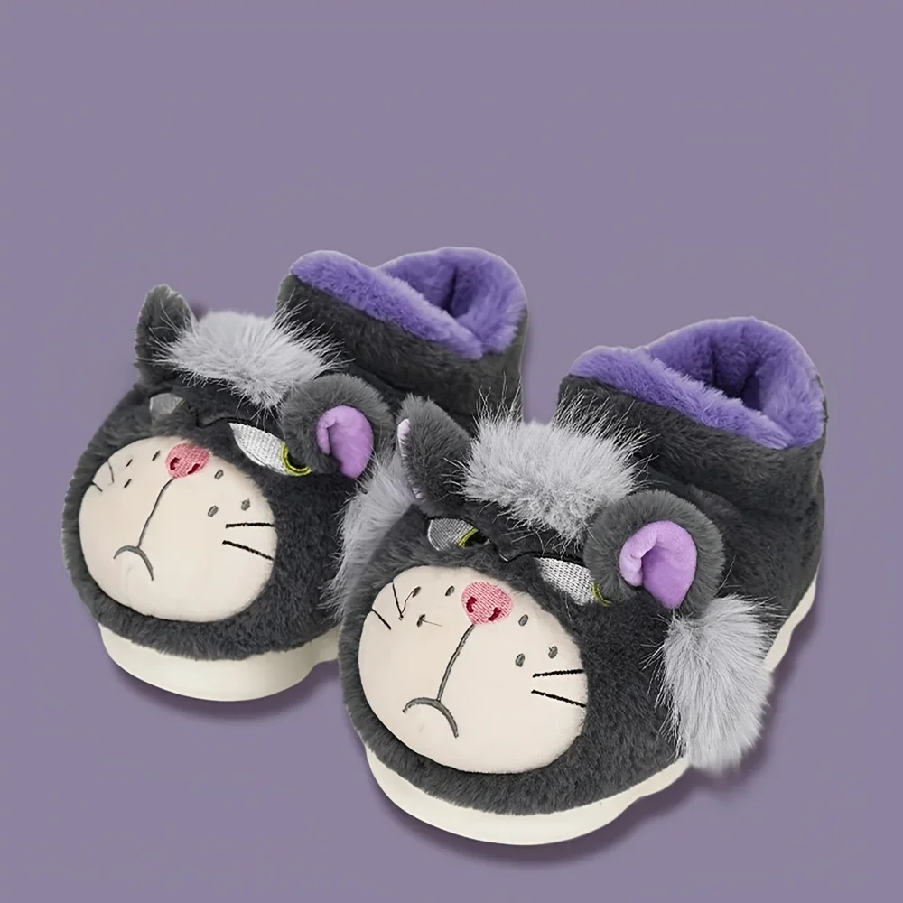 ZUOFU Unisex Plüsch-Hausschuhe mit grimmiger Cartoon-Katze, hohe Ausführung, Herbst-Winter, rutschfeste EVA-Sohle, warme knöchelhohe Baumwoll-Hausschuhe für drinnen – Detail 1