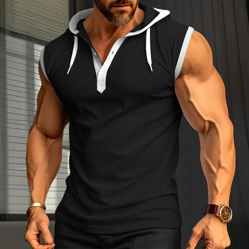 

Sports Mens Breathable Loose Tank Tops Summer Fashion Button Drawstring Hooded Tank Top Men Casual Sleeveless Male Vest