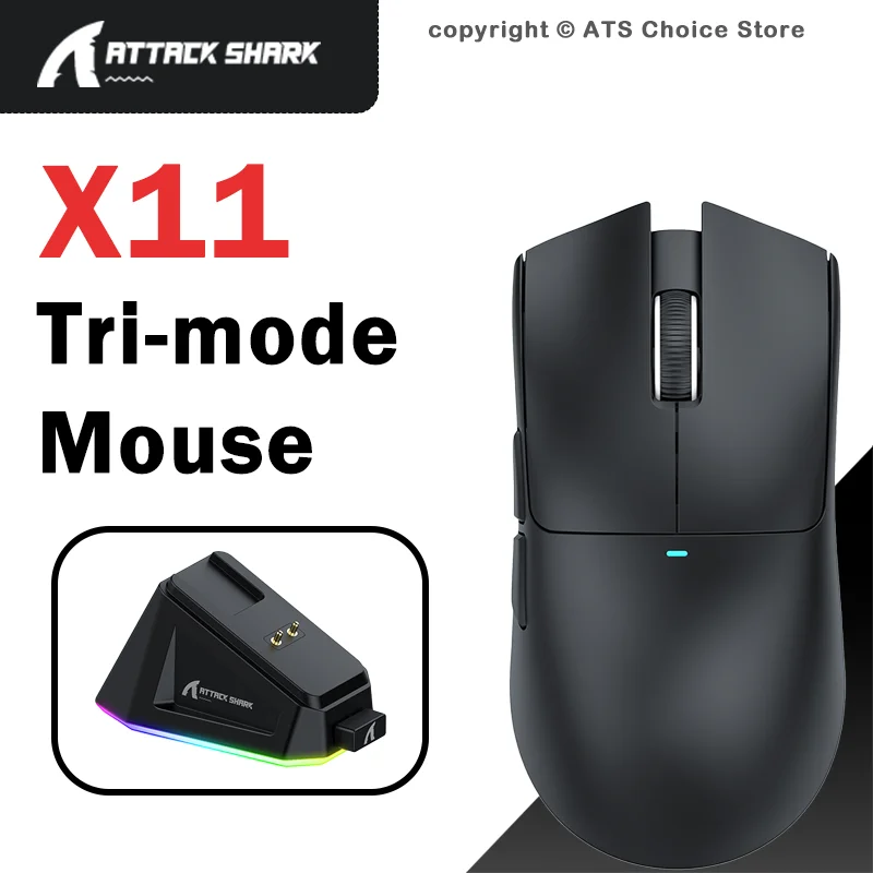 Ratón inalámbrico para juegos Attack Shark X11, 63g, ligero, PAW3311, 22000 DPI, base de carga RGB, USB-C Bluetooth multimodo para jugadores