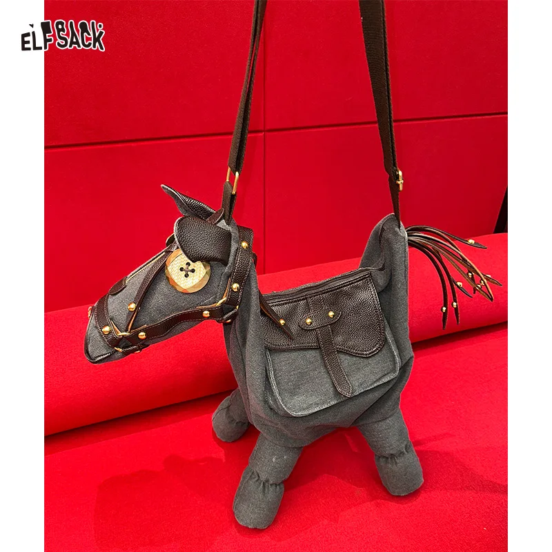 ELFSACK 2025 Autumn New Arrival Sweet Edgy Pony Shape  Creative Horse Design Denim Crossbody Bag For Woman