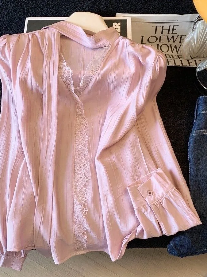 

Elegant Necktie Chiffon Blouse Women's Spring Design Lace Apricot Color Shirt Top Skin-friendly Breathable V-neck Long S...