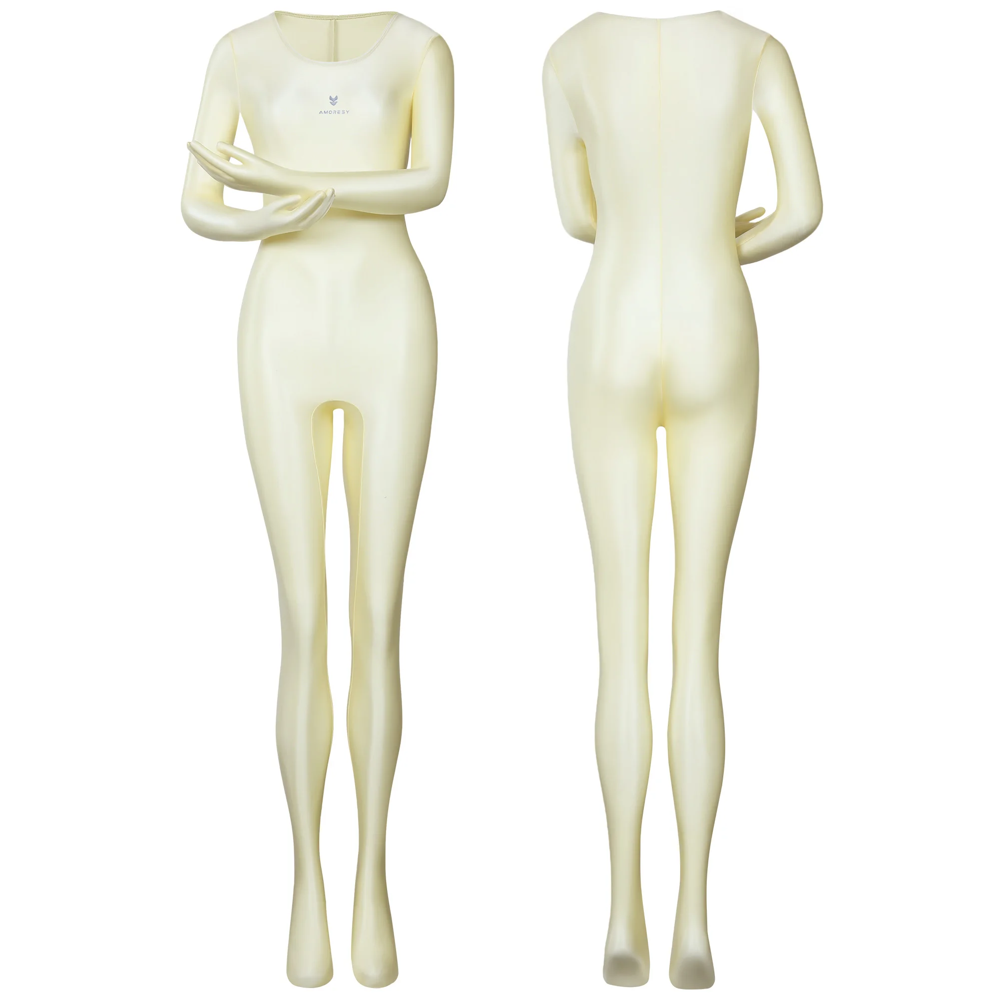 AMORESY dünner, glänzender, ölig glatter, farbenfroher Ganzkörper-Jumpsuit, einfarbig, Rundhalsausschnitt mit Handschuhen, lange Ärmel, Strumpfhose – Detail 6