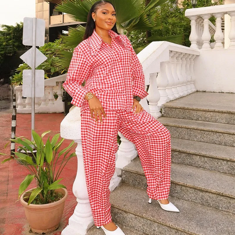 Spring New Retro Plaid Casual Suit - Loose Collar Long Sleeve Shirt High Waist Wide Leg Pants Slimming Stylish Two-piece Set