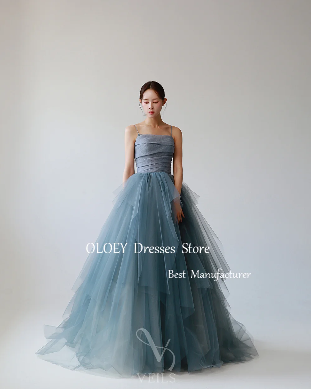 OLOEY Simple Dusty Blue Long Prom Dress Korea Wedding Photoshoot Sleeveless Party Dress Spaghetti Straps Layered Tulle Corset