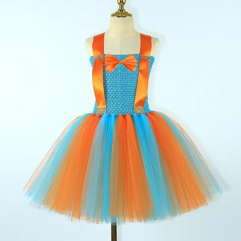 Orange Skyblue Blipp Costume for Baby Girls Cosplay Clothes with Hat Glass for Kids Cartoon English Teacher Tutu Dress Up Outfit