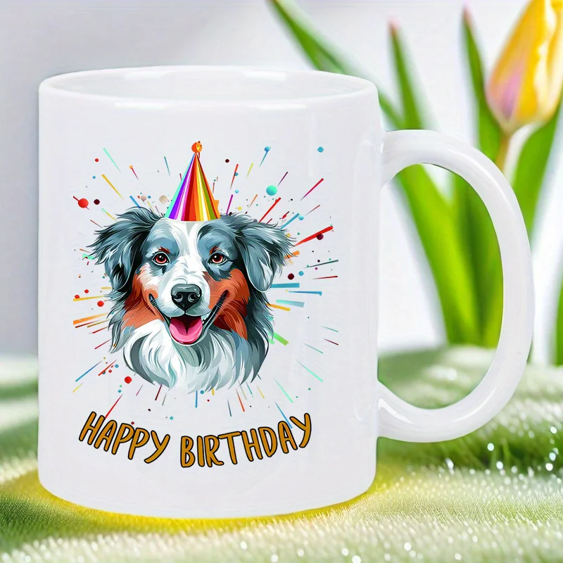 

Happy Birthday Dog Lover'S Ceramic Mug - Celebrate with Joyful Pooch Art, White with Colorful Sprinkles & Confetti Design, Hand