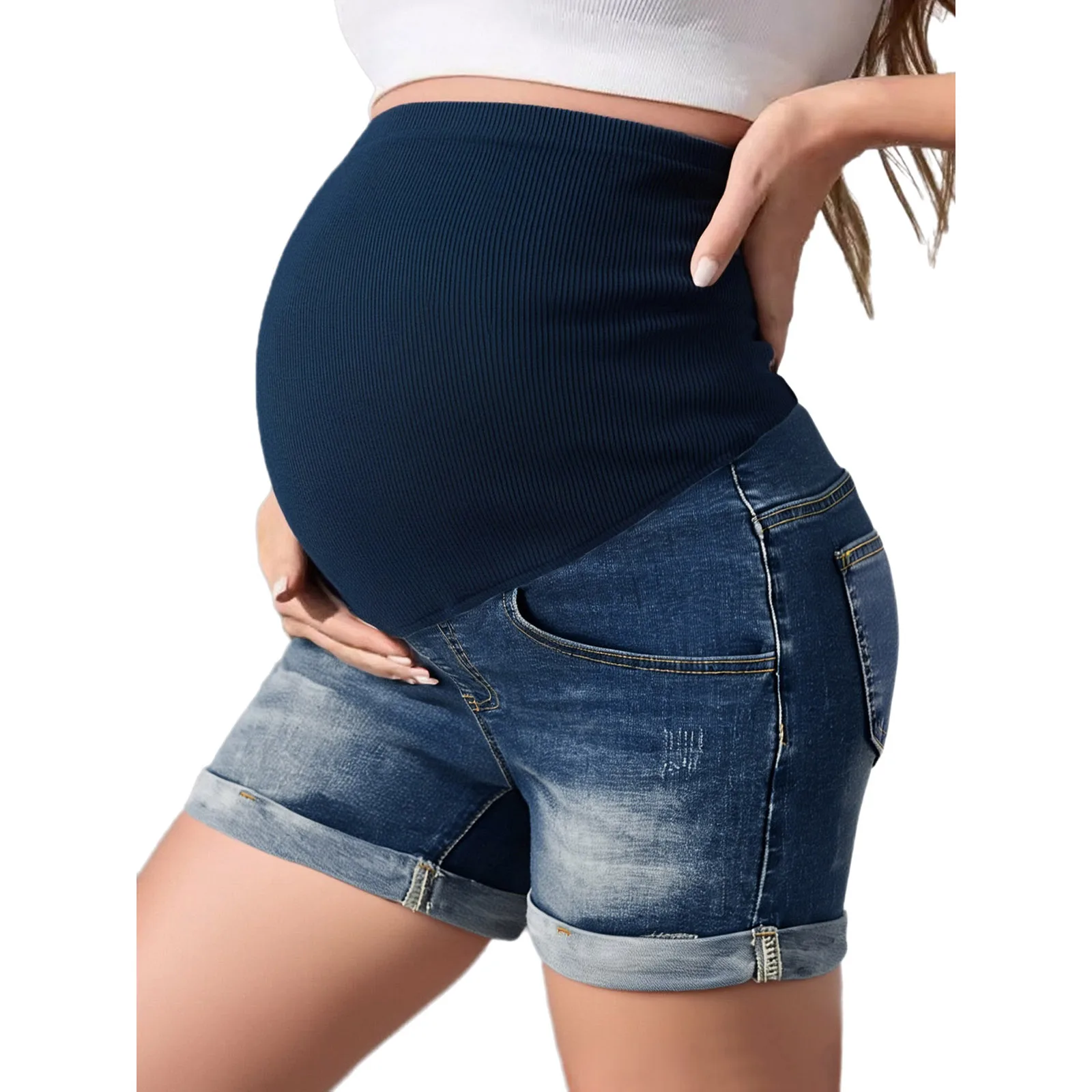 Pregnancy Women Maternity Casual Denim Shorts Over The Belly High Waist Stretchy Abdomen Supporting Jean Short Pants with Pocket