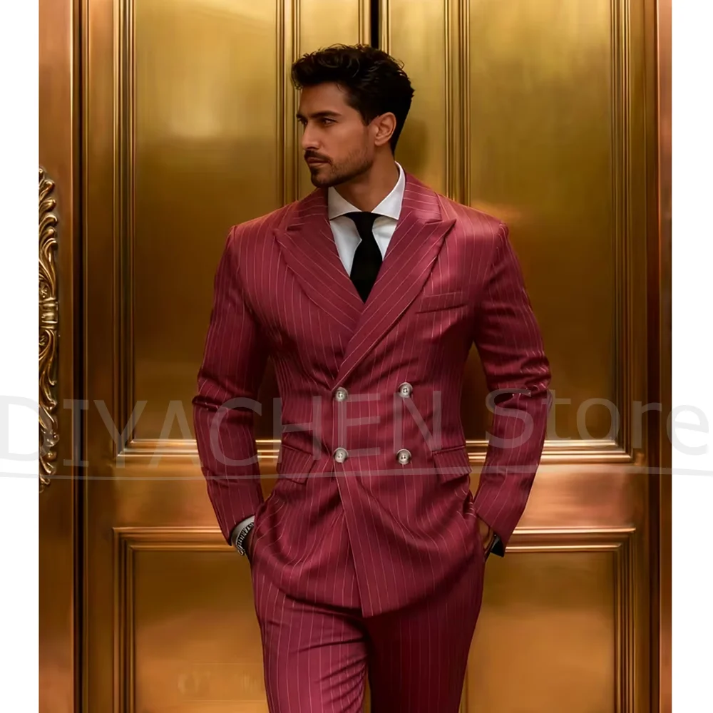 

Chic Striped Men Suit 2 Piece Set Double Breasted Peak Lapel Outfit Slim Formal Wedding Blazer Pants For Party Smart Casual