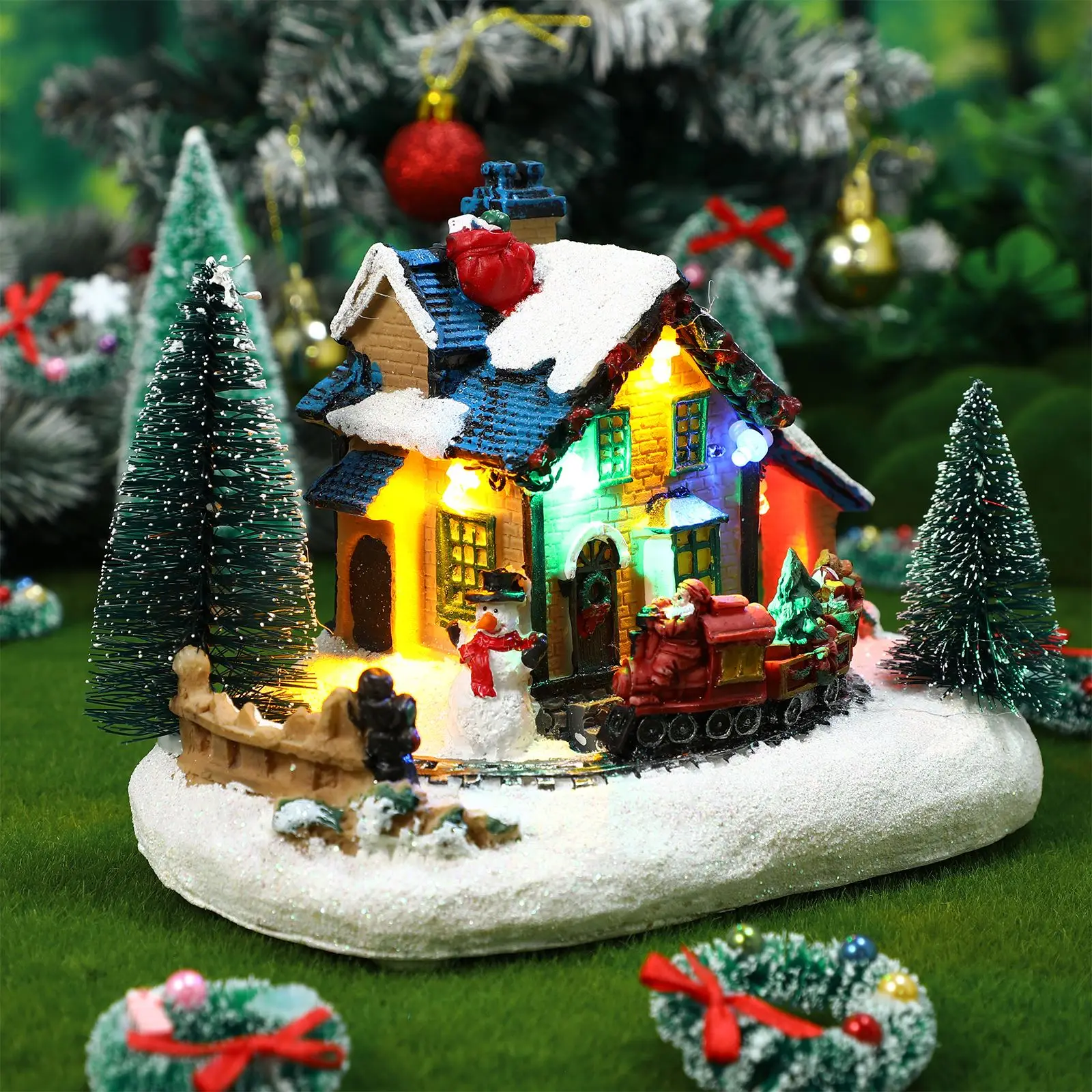 Operate Christmas Ornamnet LED Resin Log Cabin Ornament Desktop Decoration Winter Scene Model Desk Ornament