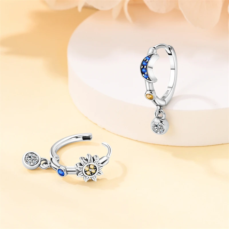 Hot Sale Fashion 925 Silver Color Earrings Blue Zircon Stars Moon Irregularity Earrings For Woman Fine Birthday Jewelry Gifts