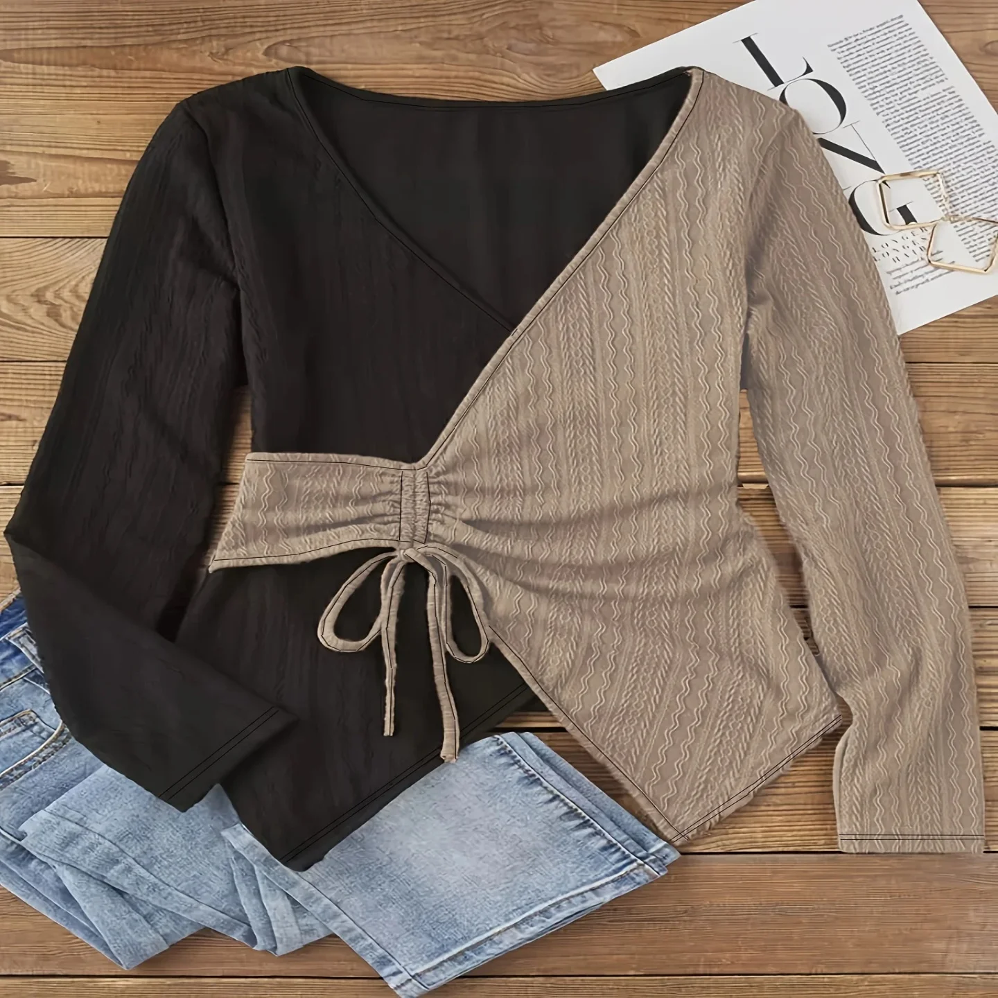 تي شيرت نسائي كاجوال محبوك كبير مريح وفضفاض مناسب من ألياف الأسيتات مجموعة شتوية 204