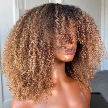 Glueless Ombre Blonde 26“Long Kinky Curly 180Density Lace Front Wig With Bangs For Women Heat Resistant Natural Hairline Daily