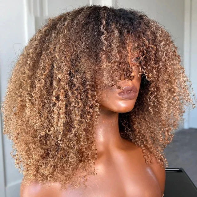 Glueless Ombre Blonde 26“Long Kinky Curly 180Density Lace Front Wig With Bangs For Women Heat Resistant Natural Hairline Daily