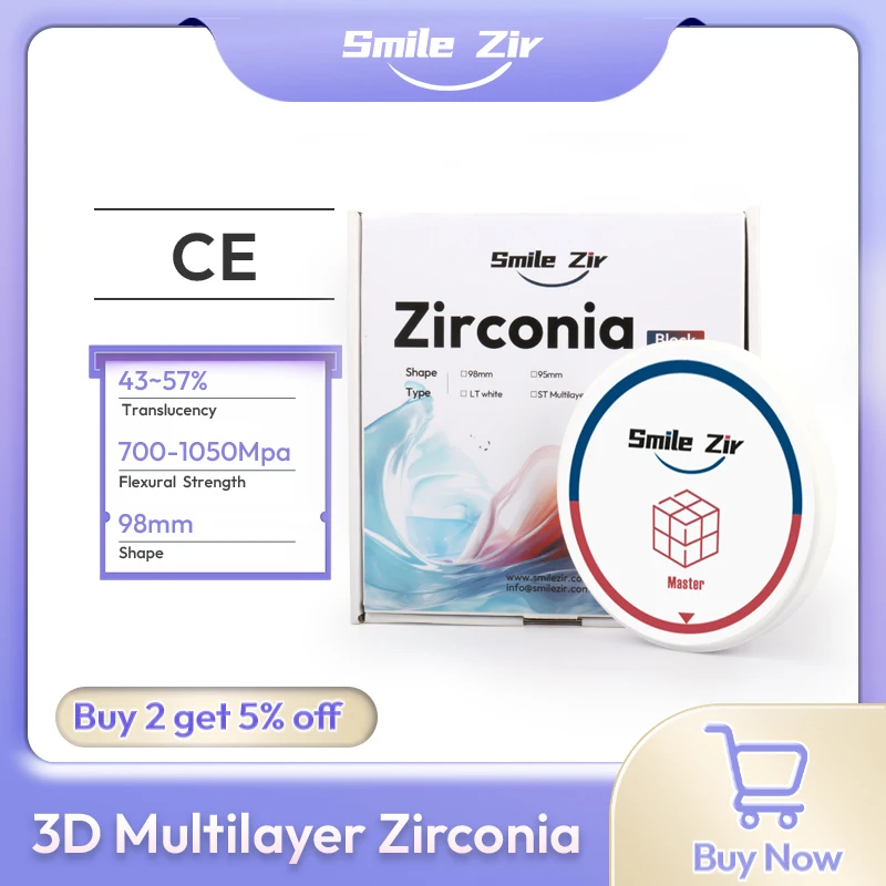 smile_zir Dental 3D PRO Mehrschichtige Zirkonoxid-Blockplatte für Dentallabor CAD/CAM-System 98mm VITA 16 Farben Zahnarztmaterialien