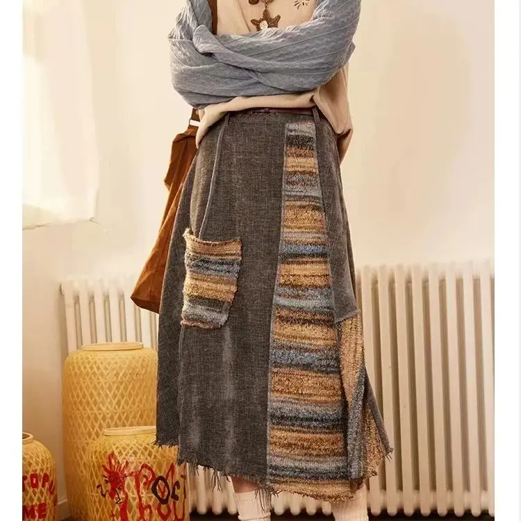 กระโปรงโบฮีเมียนพิมพ์ลายแฟชั่นใหม่สำหรับผู้หญิง กระโปรงทรงเอแบบลำลอง ตัดต่อสีตัดกัน ทรงเอไลน์ ไม่สมมาตร สำหรับฤดูใบไม้ร่วง