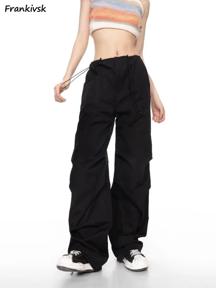 

Women Cargo Pants Wide Leg Baggy Sweatpants Lace Up Stretchy Harajuku Leisure Retro College Spring Summer Pockets Chic Classic