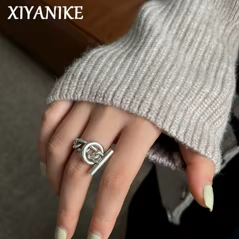 XIYANIKE Silver Color Unique OT Buckle Chain Fashion Multi-layer Cross Round Silver Ring Personalized Party Punk Jewelry