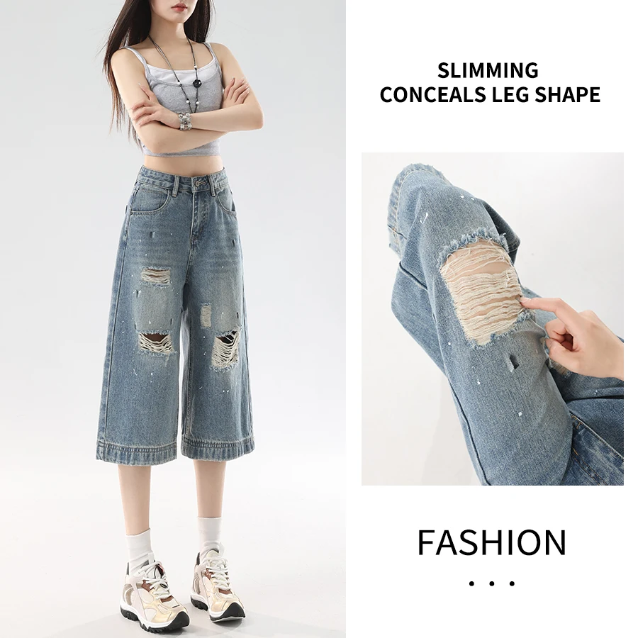 

Vintage High Waist Women's Jeans With Oil Splatter Distressed Cropped Pants Summer Loose Casual Streetwear