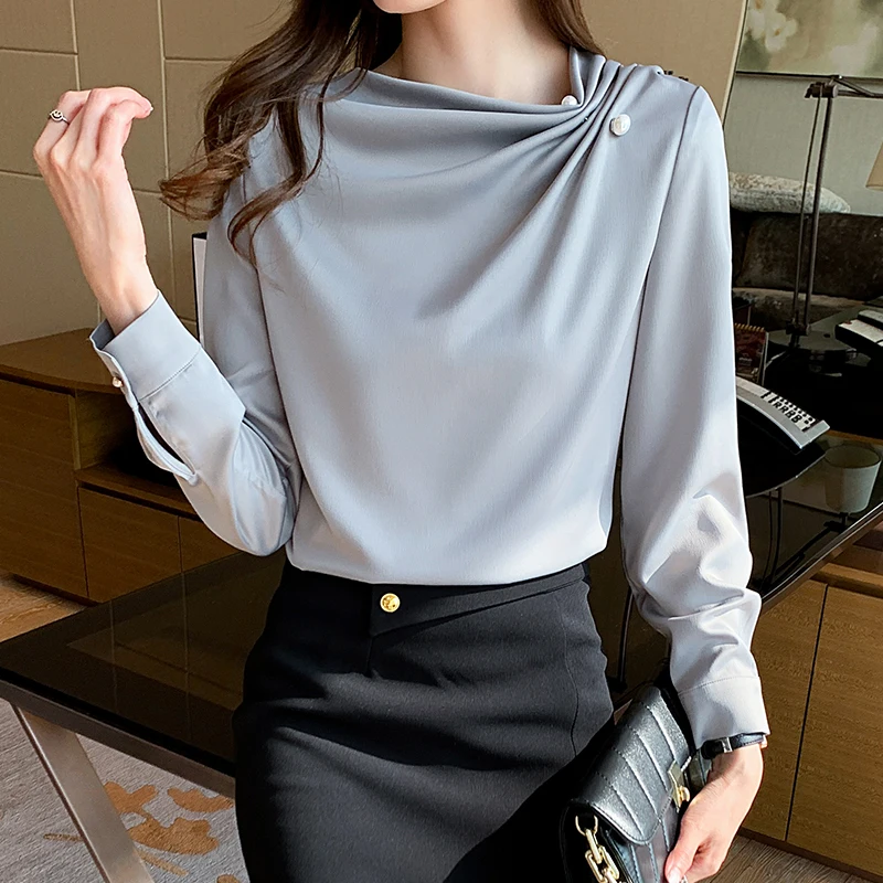 Women Clothing Western Style Solid Tops Elegant Loose Chic Button Chiffon Shirts Autumn New Simple Casual Long Sleeve Blouse