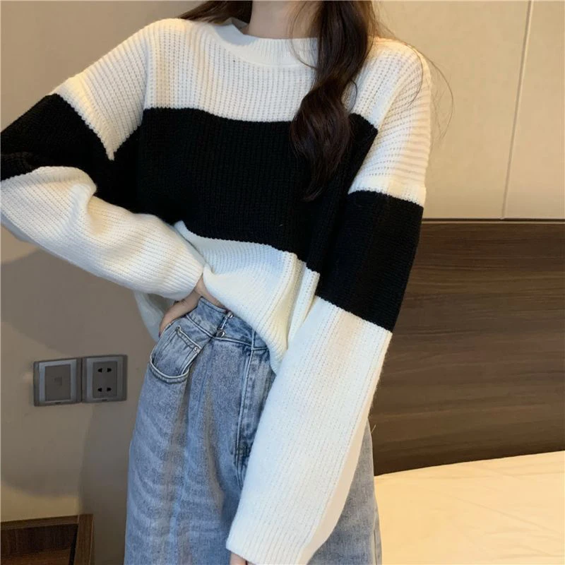 Fall Winter Striped Print Women Long Sleeve O Neck Sweater Korean Fashion Harajuku Vintage Knitted Oversized Pullovers Crop Tops