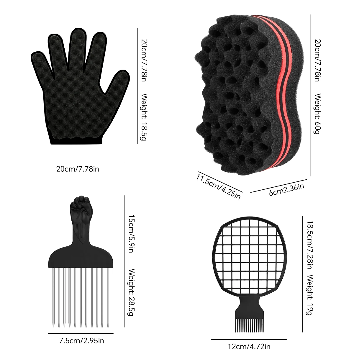 

4Pcs Set Black Men Afro Barber Curly Hair Fork Comb Twist Hair Brush Curling Sponge Gloves Brush Hairdressing Styling Tools