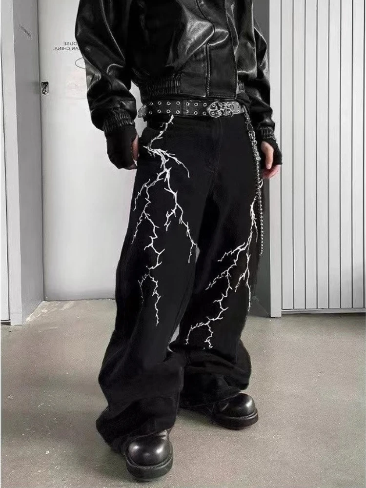 

Y2k Fashion Baggy Jeans Black Men's Streetwear Straight Oversize Wide-leg Pants Vintage Lightning Pattern Loose Denim Trousers