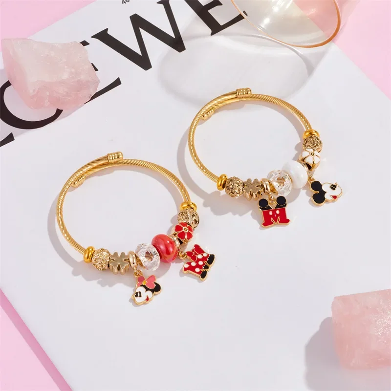 Disney Anime Bracelets Bangles Girls Women Adjustable Bangle Mickey Mouse Minnie Couple Beaded Bracelet Kids Birthday Xmas Gifts