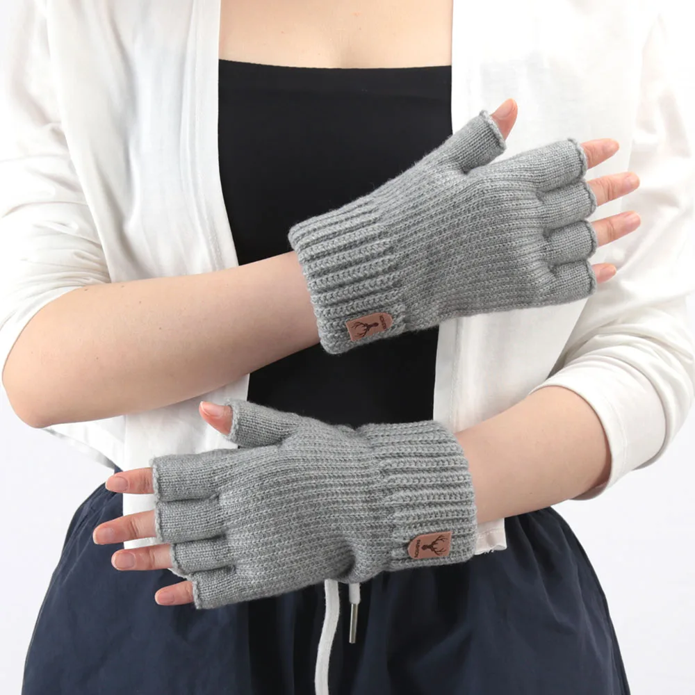 1Pair Winter Short Half Finger Fingerless Knit Wrist Gloves Warm Stretch Work Gloves for Women and Men Cycling Accessories