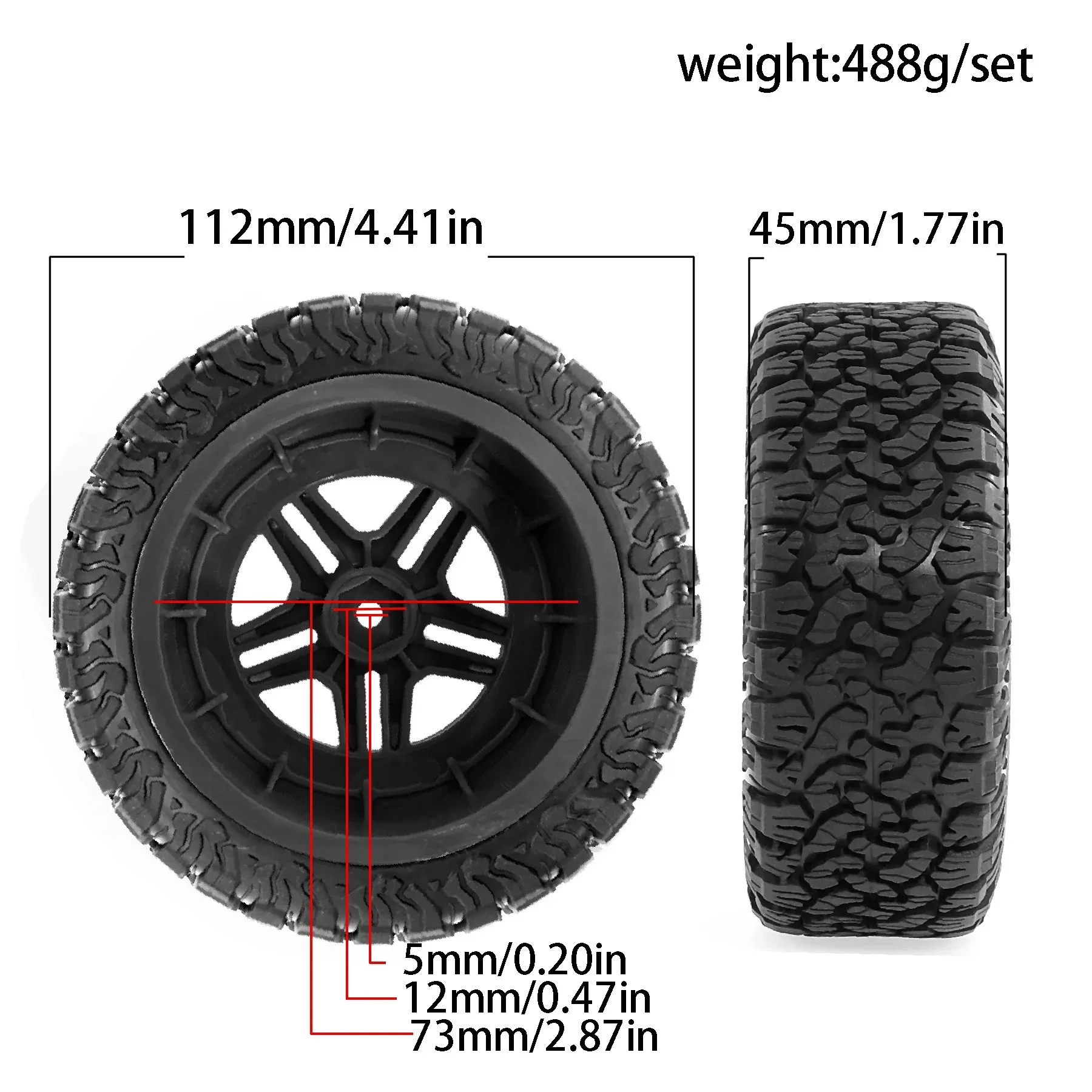 1/10 RC Short Course Truck Wheels and Tires (4PCS) Hex 12mm for 1/10 Traxxas Slash 2WD/4WD Losi Tenacity Redcat