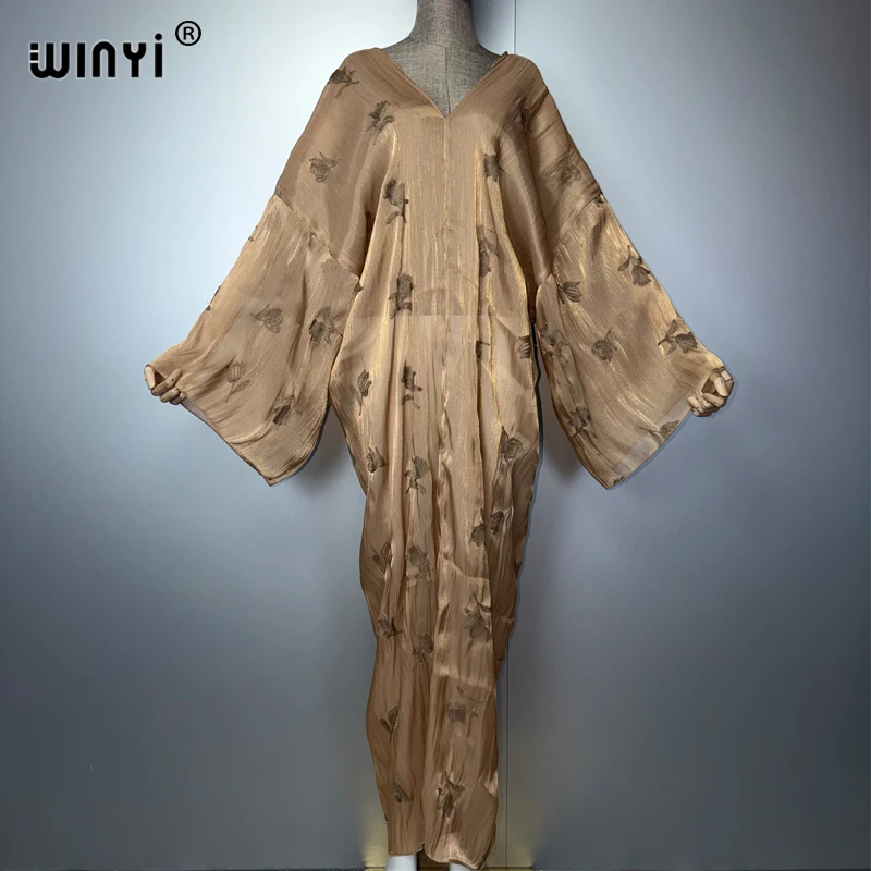 WINYI Sexy Deep V Embroidered Muslim Abaya for Women Dubai Luxury Beach Cover up Kaftan Beachwear Fashion Lady's Perspective Dre